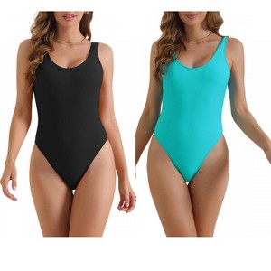 INSPIRE CHIC Women's Solid Scoop Neck Wide Strap Low Back Slimming Monokini Bathing Bikini Suit 2 Sets - 1 of 4