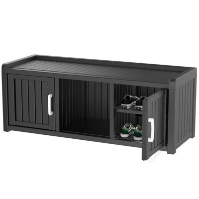 CAVINAS 46.9"L Rectangular Polypropylene Ottoman Shoe Bench with Storage,2-Tier Entryway Bench with 2 Barn Doors for Living Room,Bedroom,Black