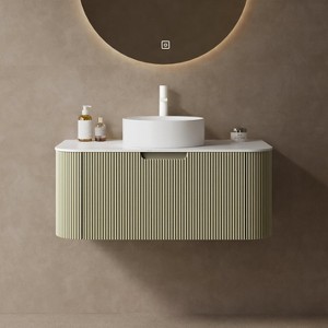 FAMYYT 36 in. Single Sink Floating Curved Edge Green Bath Vanity with White Marble Top (Assembled), Round Sink - 1 of 4