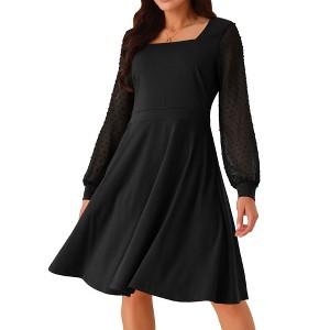 Seta T Women's Long Sleeve Swiss Dots Square Neck Knee Length Elegant Dress - 1 of 4