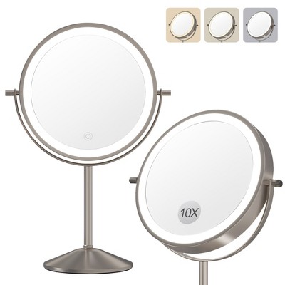Makeup Mirror,360° Rotatable Height Adjustable Double Sided Mirror, 1x/10x True HD Magnifier,3 Colors,Adjustable Brightness