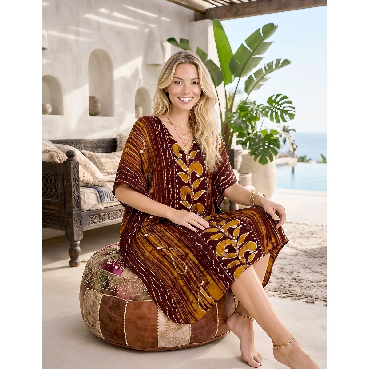 LA LEELA Summer Cotton Resortwear Caftan for Women Vacation Cruise Holiday Loungewear Maternity Friendly Beachwear Dress 2X-3X Brown Paisley - thumbnail 4