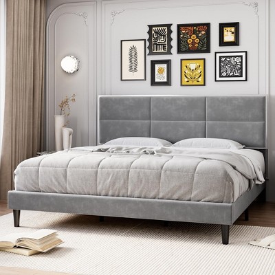 Whizmax Three Size Bed Frame, Velvet Upholstered Platform Bed Frame with Headboard, Wooden Slats Support, No Box Spring Needed, Easy Assembly, Gray