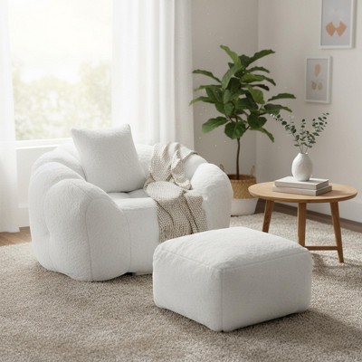 Homy Casa Faux Fur Bean Bag Acent Chair with Ottoman and Pillow, White