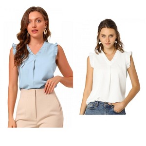 Allegra K Women's Ruffled Sleeveless Work Business Vintage Blouses 2 Packs - 1 of 4