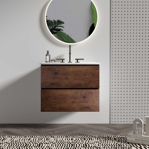FAMYYT 24 in. Single Sink Floating Walnut Bath Vanity with White Ceramic Top, 2 Soft Drawers - 1 of 4