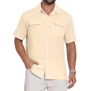 INSPIRE CHIC Men's Solid Short Sleeve Button Down Chest Pockets Linen Shirt - 1 of 4