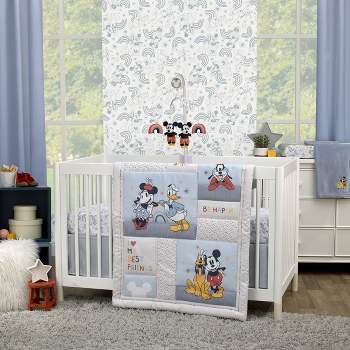 Disney Mickey and Friends Grey, Blue, Gold and Red Mickey Mouse, Minnie Mouse, Donald Duck, Pluto and Goofy 3 Piece Nursery Crib Bedding Set