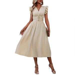 Womens Summer Casual Dress v Neck Flowy Puff Sleeve Long Dresses High Waist  a Line Mature Sundress : Target