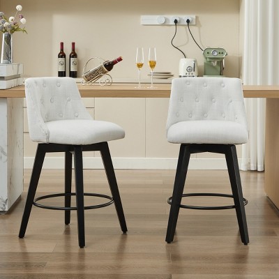 Bar Stools Set of 2,Linen Upholstery Barstools Set Of 2,360° Swivel Height Bar Stools With Curved Button Tufted Back And Footrest-Cuddlewood