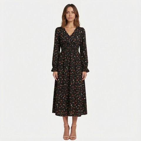 Женские платья Cupshe Women's Floral Print Long Sleeve Maxi Dress-M-Black Floral