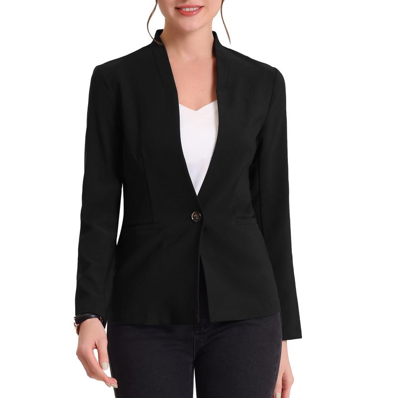 Allegra K Women's Solid Stand Collar Buttoned Long Sleeve Casual Blazer, 1 of 7
