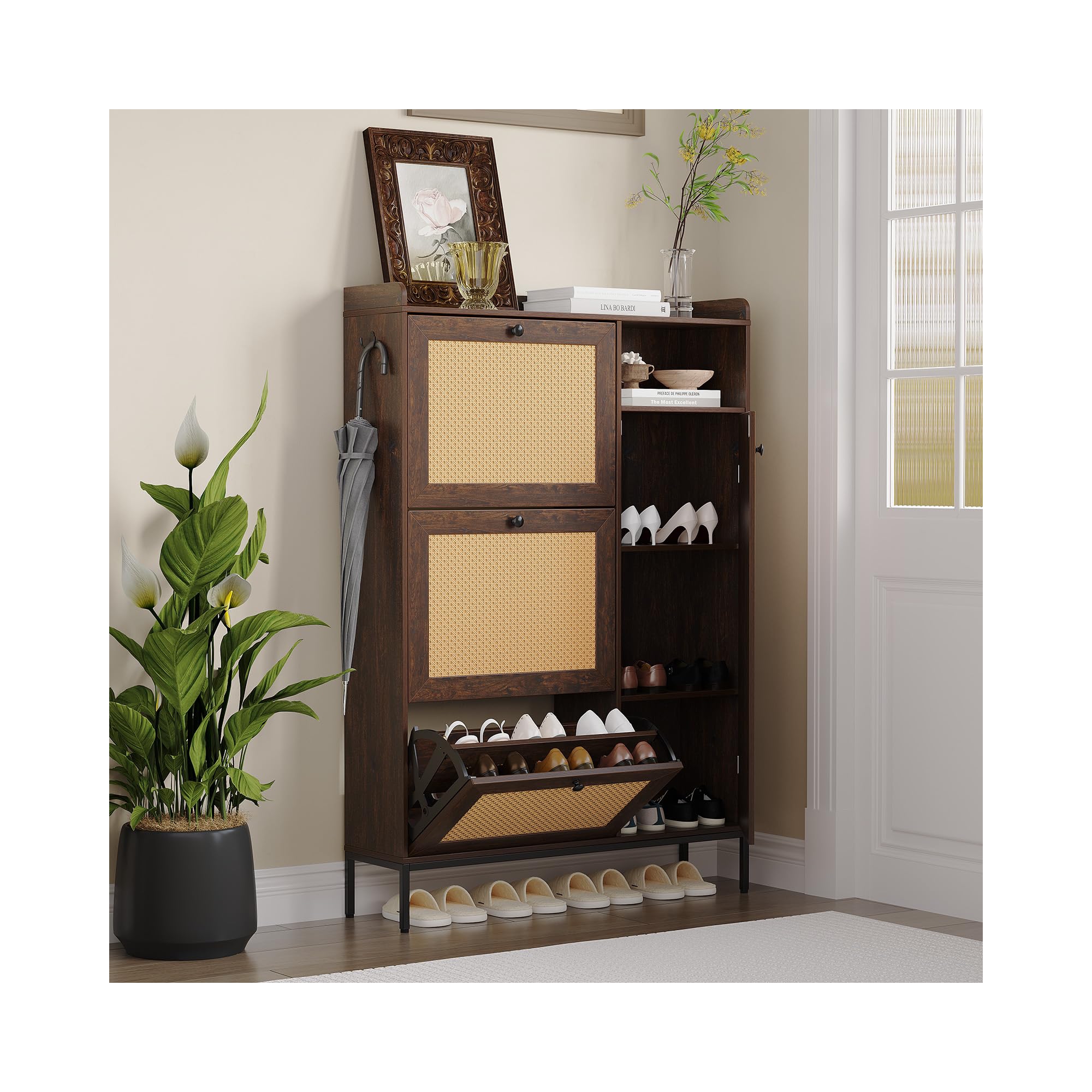 GustoWave Rattan Shoe Cabinet, Shoe Cabinets with 3 Flip Drawers, Free Standing Narrow Shoe Storage Organizer, Shoe Rack Cabinet, Dark Cherry