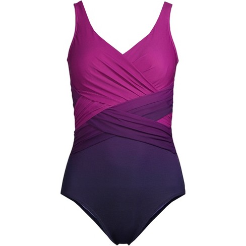 Lands' End Women's Slendersuit Grecian Tummy Control Chlorine Resistant One  Piece Swimsuit - 14 - Electric Blue/navy Ombre : Target