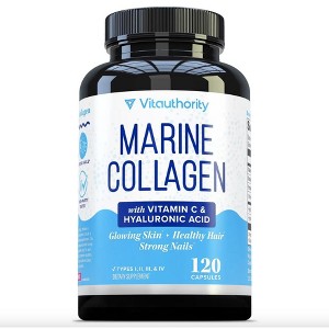 Marine Collagen Capsules, Collagen Powder with Types I II III V & X & Vitamin C for Beautiful Hair Skin and Nail, Unflavored, Vitauthority, 120ct - 1 of 3