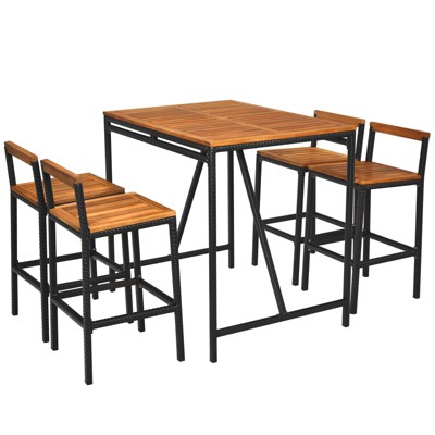 Tangkula 5PCS Patio Rattan Dinning Set with Umbrella Hole Wood High-Dining Bistro Set with 4 Bar Stools for Poolside&Garden