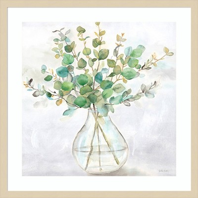 Eucalyptus Vase Watercolor Botanical Art in Beige Wood Frame, 25"x25"