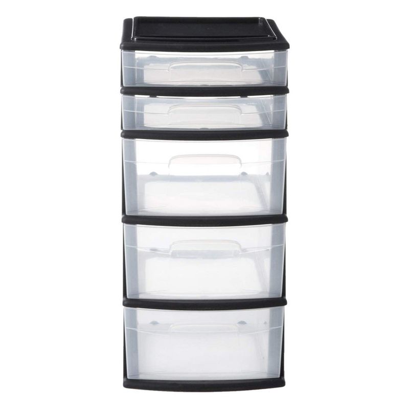 Homz Plastic 5 Clear Drawer Medium Home Organization Storage Container Tower with 3 Large Drawers and 2 Small Drawers, Black Frame, 2 Pack, 3 of 8