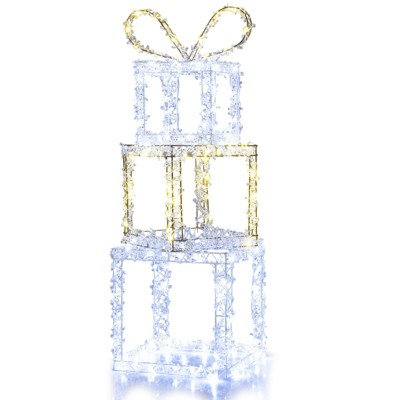 Tangkula Stacked Lighted Gift Boxes Set of 3 Pre-Lit Box Lights w/ Warm White & Cold White LED Lights Decorative Acrylic Crystal Beads Xmas Decoration