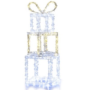 Tangkula Stacked Lighted Gift Boxes Set of 3 Pre-Lit Box Lights w/ Warm White & Cold White LED Lights Decorative Acrylic Crystal Beads Xmas Decoration - 1 of 3