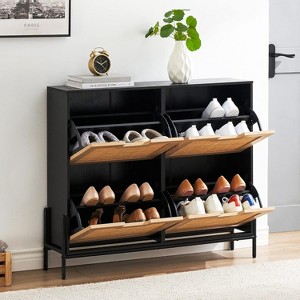 Shoe Cabinet, Natural Rattan Narrow Shoe Storage Organizer Cabinet With 4 Flip Drawers, Freestanding Shoe Rack With Metal Legs - 1 of 4