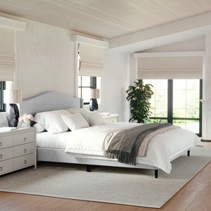 Martha Stewart Amelia Upholstered Platform Bed with Curved Headboard and Cushioned Siderails, Wood Slat Foundation with No Box Spring Needed - 1 of 4