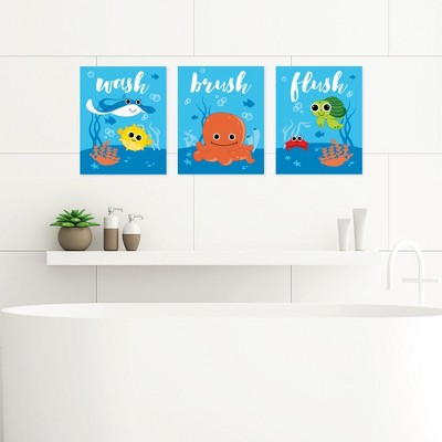 Big Dot of Happiness Under the Sea Critters - Unframed Wash, Brush, Flush - Bathroom Wall Art - 8 x 10 inches - Set of 3 Prints