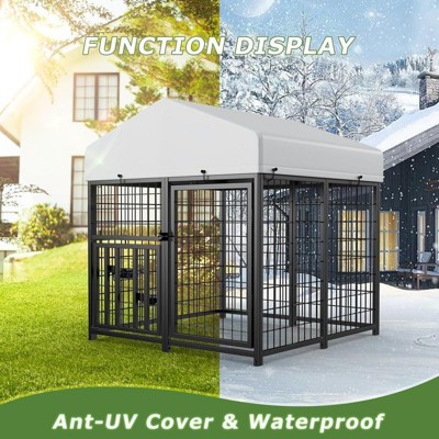 Large Black Metal Outdoor Dog Kennel with Roof and Bowls