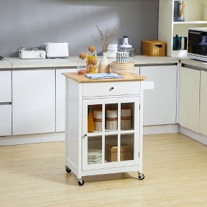 Gulches Rolling Kitchen Island Cart, Kitchen Trolley with Drawer and Glass Door Cabinet, White, 26.5" W x 19" D x 34" H - 1 of 4