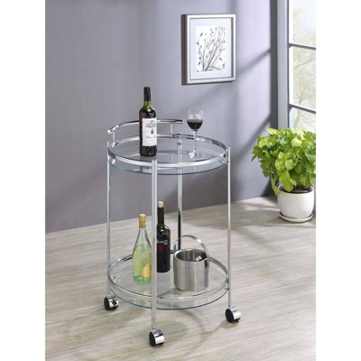 Modern Glam Silver Chrome Round Bar Cart with Tempered Glass Shelves