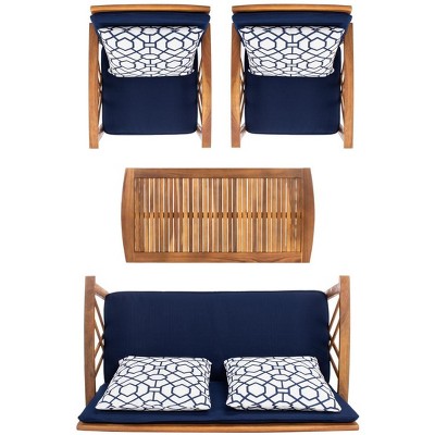 Fontana Natural Acacia Wood 4-Piece Patio Conversation Set with Navy Cushions