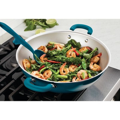 Teal Shimmer 14.25-Inch Aluminum Nonstick Wok with Silicone Handles
