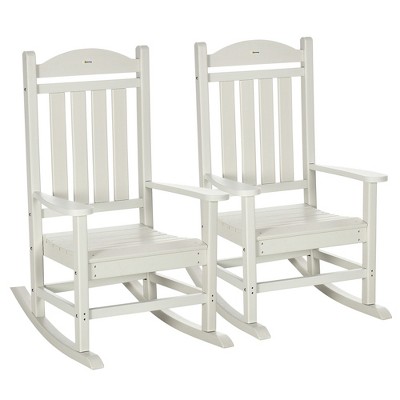 Outsunny 2 Pc Outdoor Rocking Chair, Traditional Slatted Porch Rocker with Armrests, Waterproof HDPE, White