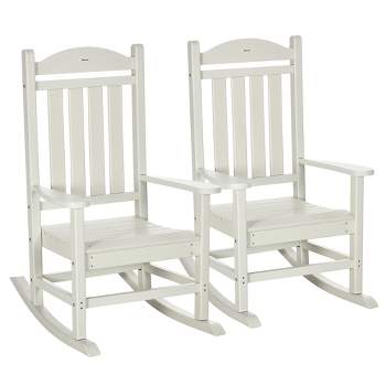 Outsunny 2 Pc Outdoor Rocking Chair, Traditional Slatted Porch Rocker with Armrests, Waterproof HDPE, White