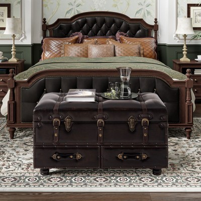 JIONJOY Vintage Faux Leather Storage Bench - Mid-Century Upholstered ...