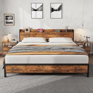 Industrial Bed Frame with Built-in Charging Hub - 700lb Capacity, 14 Steel Slats, 11" Under-Bed Storage, Tool-Free Assembly - 1 of 4