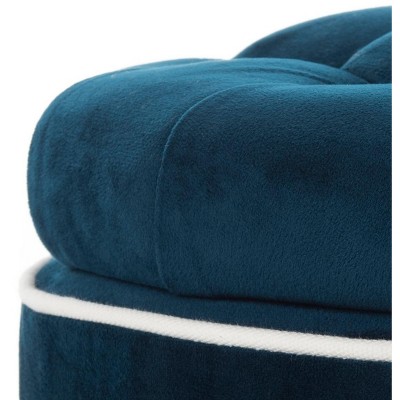 Transitional Black Tufted Round Storage Ottoman with Oak Legs