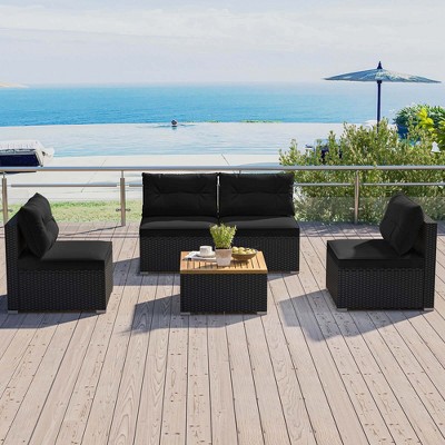Costway 5 Piece Outdoor Furniture Set with Seat & Back Cushions Acacia Wood Tabletop Blue/Black