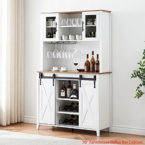 70'' Home Wine Bar Cabinet with Storage Hutch, Tall Coffee Bar Cabinet w/ Sliding Barn Doors, Bottle Glasses Rack, Farmhouse Coffee Bar - 1 of 4