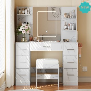 Jojoka Wooden Vanity Table Set with LED Mirror, Power Outlet, Hair Dryer Rack, 7 Drawers & 6 Shelves – Makeup Desk with Stool for Women - 1 of 4