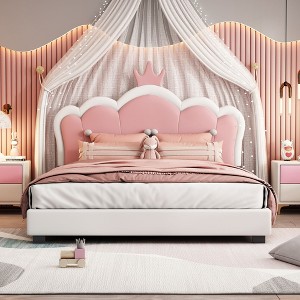 CAVINAS Twin/Full Size Upholstered Princess Platform Bed Frame with Crown Headboard,No Box Spring Needed,Cream/Pink - 1 of 4