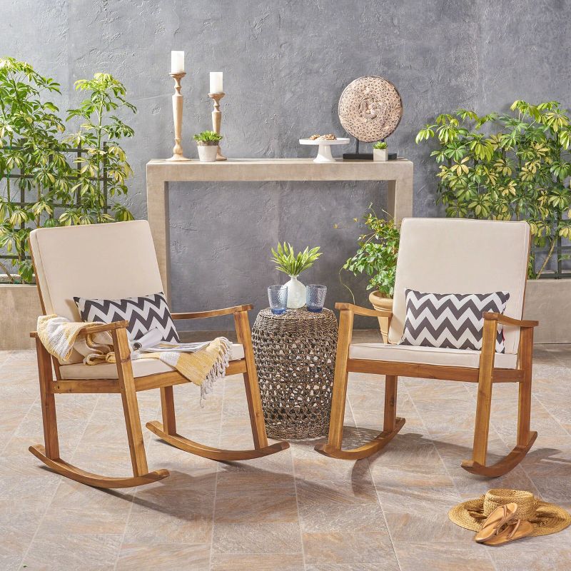 2pk Candel Acacia Wood Rocking Patio Chair Teak/Cream - Christopher Knight Home, 3 of 9