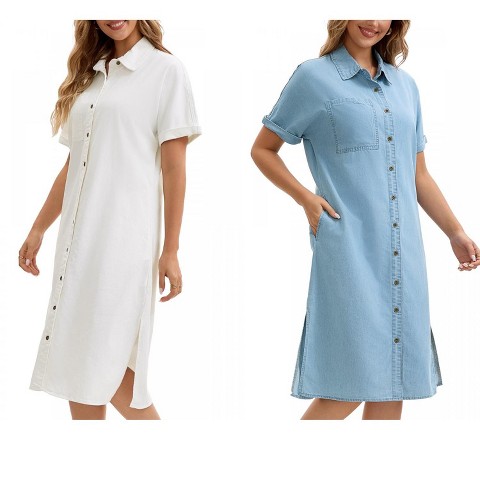 Женские платья INSPIRE CHIC Women's Midi Denim Summer Short Sleeve Button Down Casual Long Tunic Jean Shirt Dress 2 Packs Light Blue/White X-Large