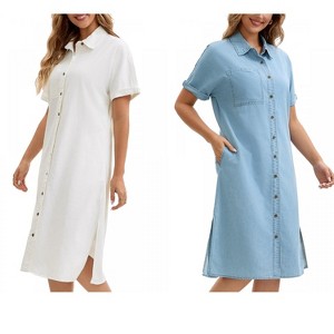 INSPIRE CHIC Women's Midi Denim Summer Short Sleeve Button Down Casual Long Tunic Jean Shirt Dress 2 Packs - 1 of 4