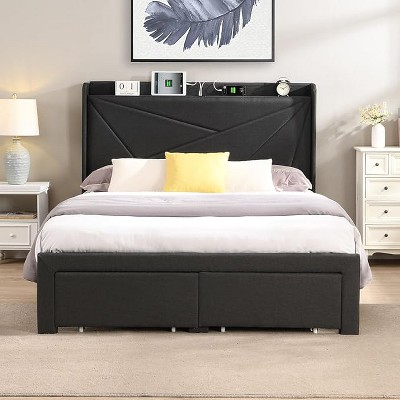 Queen Upholstered Bed Frame with Drawers & Charging Station – Linen Headboard, No Box Spring Needed