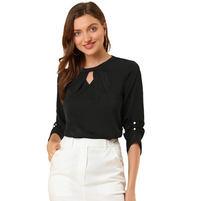 INSPIRE CHIC Women's Work Office Keyhole Pleated Front Ruched 3/4 Sleeve Chiffon Blouse