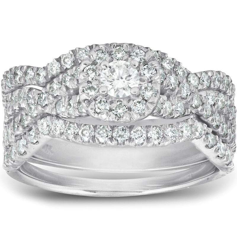 Pompeii3 1 1/4 Ct Cushion Halo Diamond Engagement Wedding Ring 3-Piece Set White Gold, 1 of 5