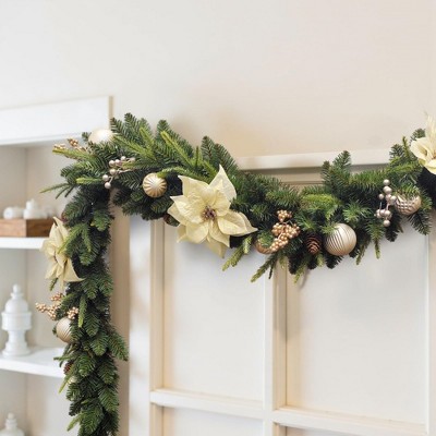 MOEPISY 9 FT LED Christmas Garland with Gold Flower and Berries, Multi-Function Christmas Garland with 50 Warm White LED Lights