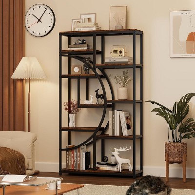 Acekool Crescent Moon Bookshelf, 6-Tier Industrial Display Shelf, Retro Brown Wood with Black Metal, Adjustable Feet, for Living Room Office Bedroom