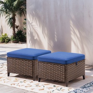 Buenhomino Patio Ottoman Outdoor Wicker Side Table - 2PCS Multipurpose Heavy Duty All-Weather Brown Rattan Extra Seating Bench Footrest Footstool - 1 of 4